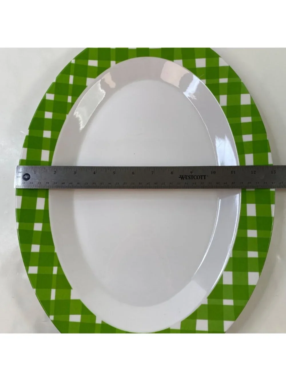 Oval Melamine Summer Serving Platter Green White Checkerboard Pattern